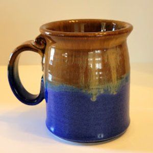 HANDMADE CERAMIC COFFEE MUG BROWN OVER BLUE WITH UNIQUE HANDLE